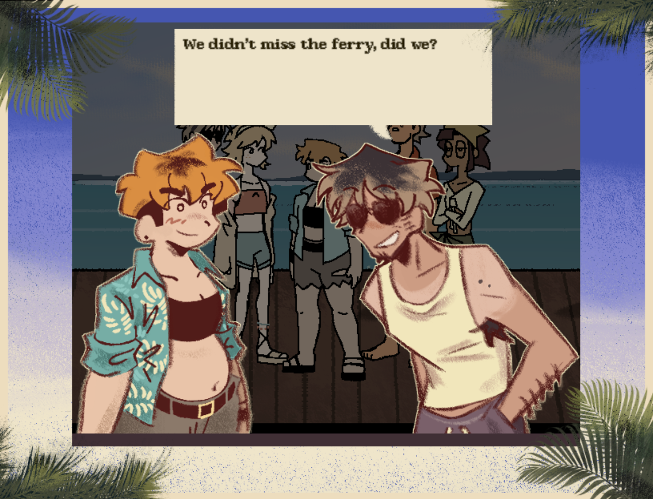 A cartoon illustration of seven young people on a beach, with two in the foreground and five in the background near a body of water. The girl on the left has short, wavy orange hair and is wearing sunglasses, a blue patterned shirt, and a black bikini top. The boy on the right has messy hair, sunglasses, and is wearing a sleeveless yellow shirt. They are smiling and talking. The background shows a sunset, palm trees, and a wooden deck. The scene has a tropical vibe.