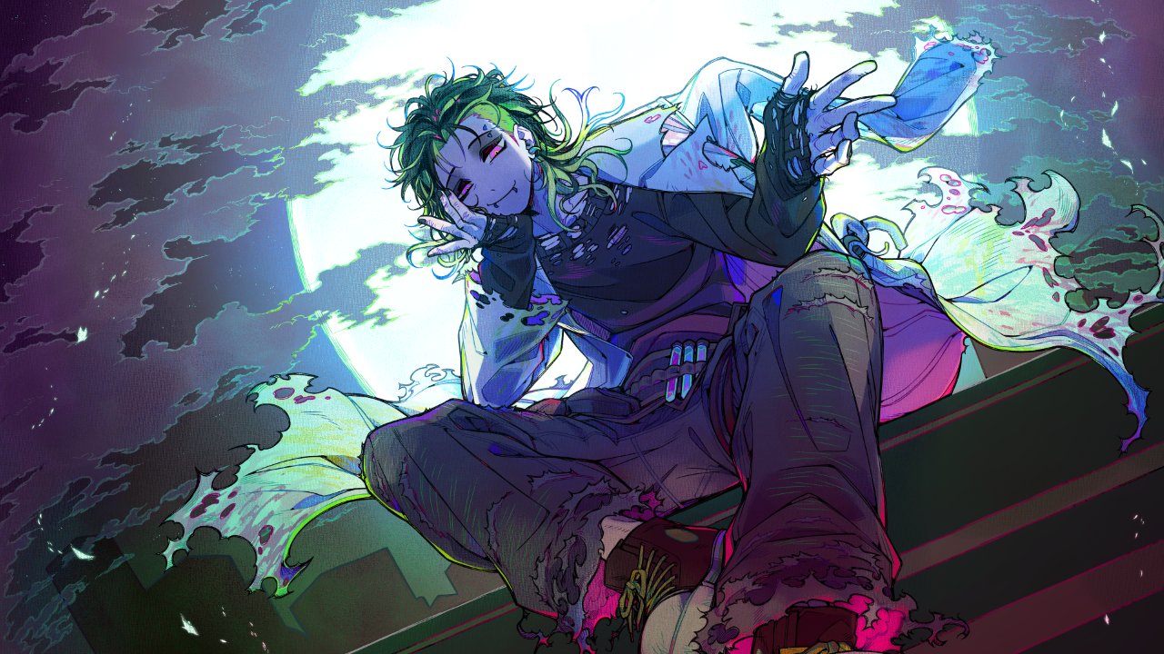 Anime-style illustration of a young person with green hair, lying on a rooftop at night, with a full moon in the background. They are wearing a torn white shirt, dark pants, and combat boots, with a mischievous or relaxed expression, making a peace sign with one hand and holding a skateboard with the other.