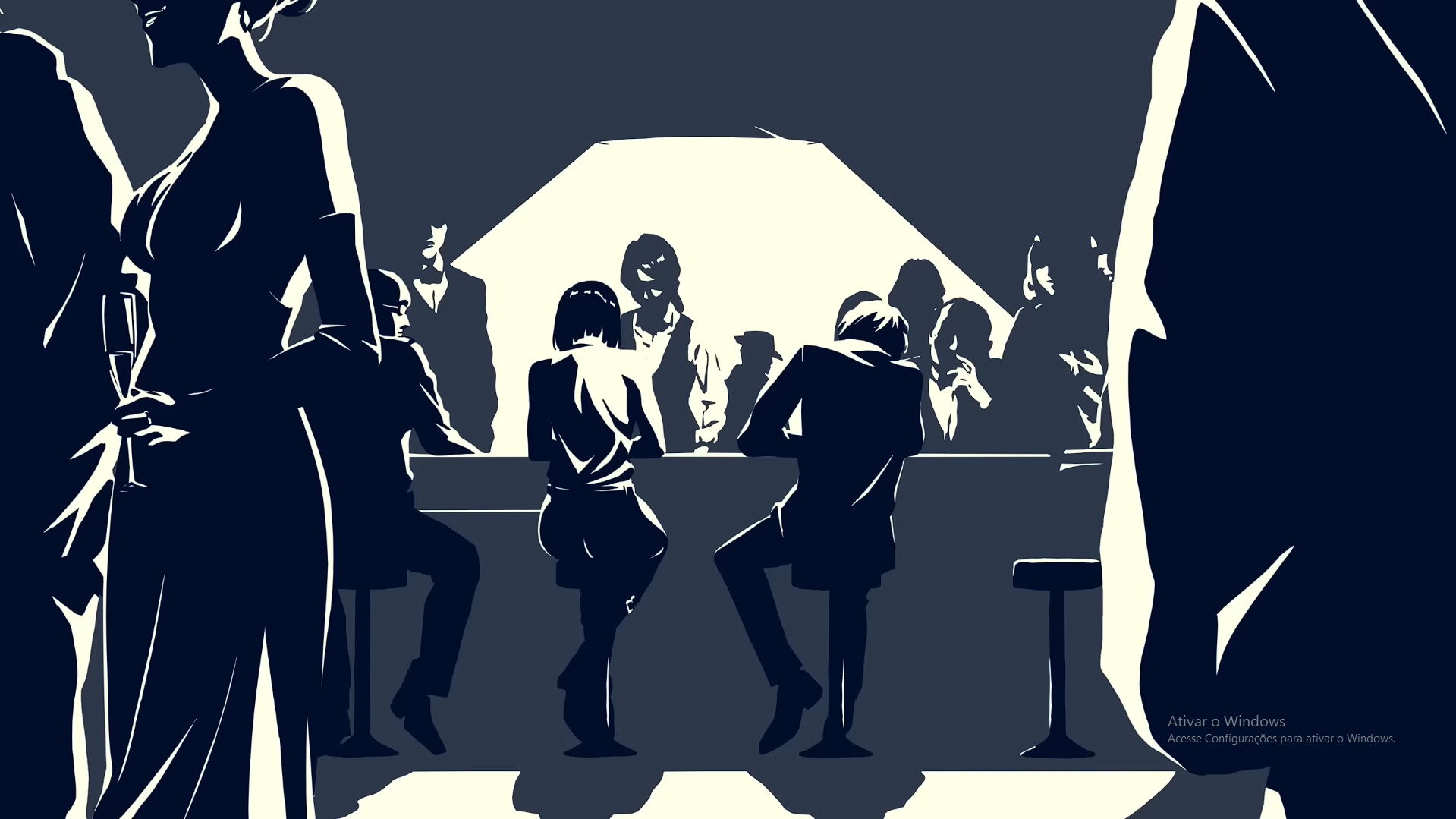 A group of people in black and white silhouettes at a bar, some seated and some standing, with a bright backlit background.