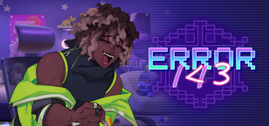 A person with curly hair and dark skin, wearing a bright yellow and black jacket, is sitting in front of a computer in a room decorated with video game and anime posters. They appear to be yawning or shouting.