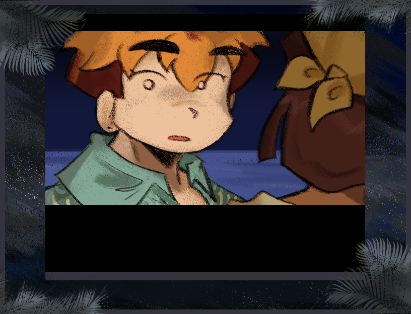 A cartoon-style illustration of a young boy with orange hair and a surprised expression, wearing a green shirt, looking at a brown object with a yellow ribbon.