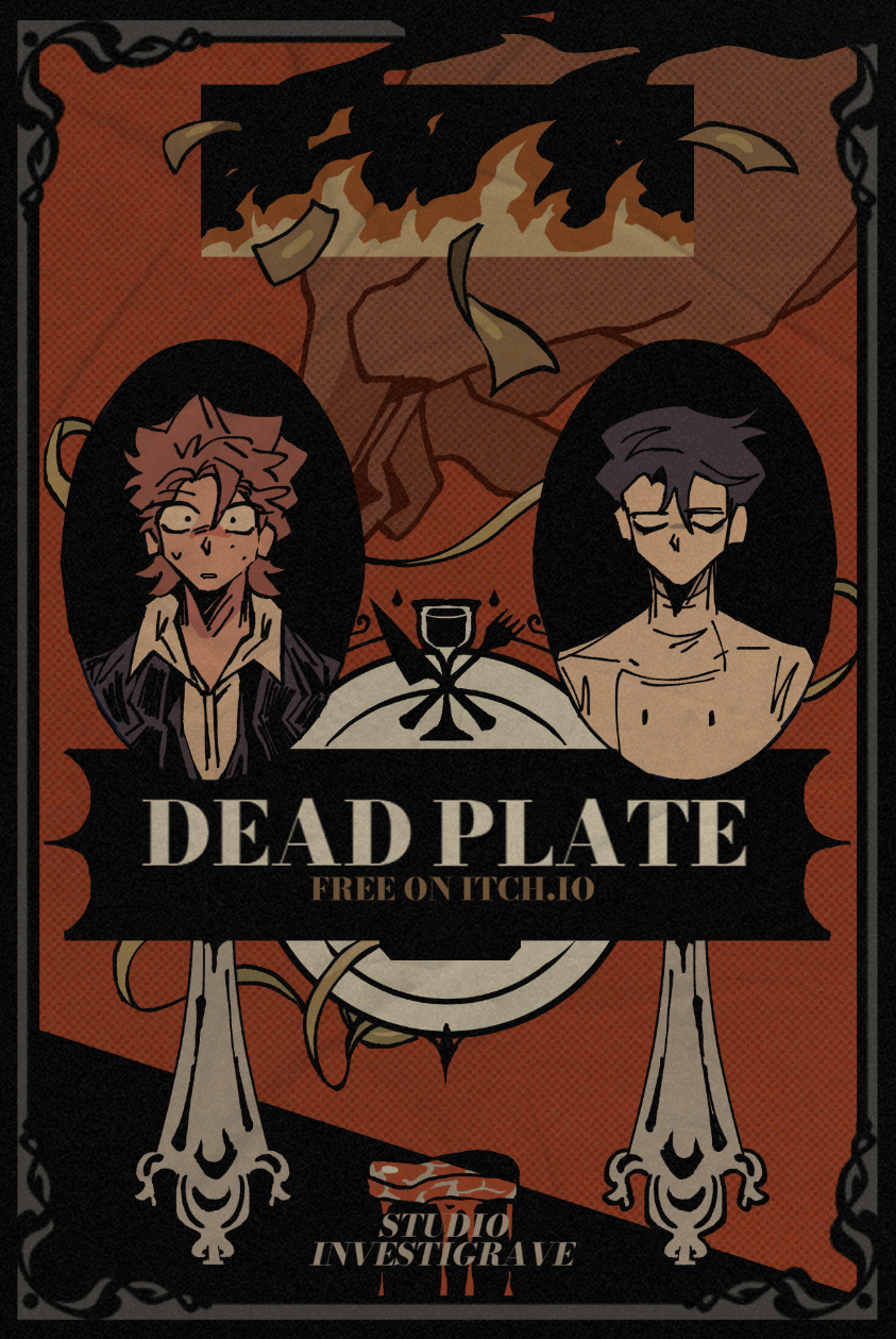 A promotional poster for a game called Dead Plate, featuring two illustrated characters, one with glasses and light hair, and the other with dark hair, set against a dark and orange background with flames and a skull. The poster mentions the game is free on itch.io and is created by Studio Investigare.