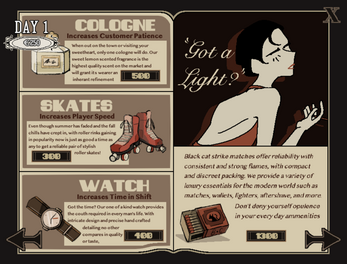 A game interface screen with various sections. The top section promotes a Cologne perfume, the middle promotes skateboarding gear, the right section features a woman with short hair applying makeup with the text 'Got a Light?'. The bottom right section displays a lighter with highlighted features. The design has a vintage, graphic novel style with black and white illustrations and bold text.