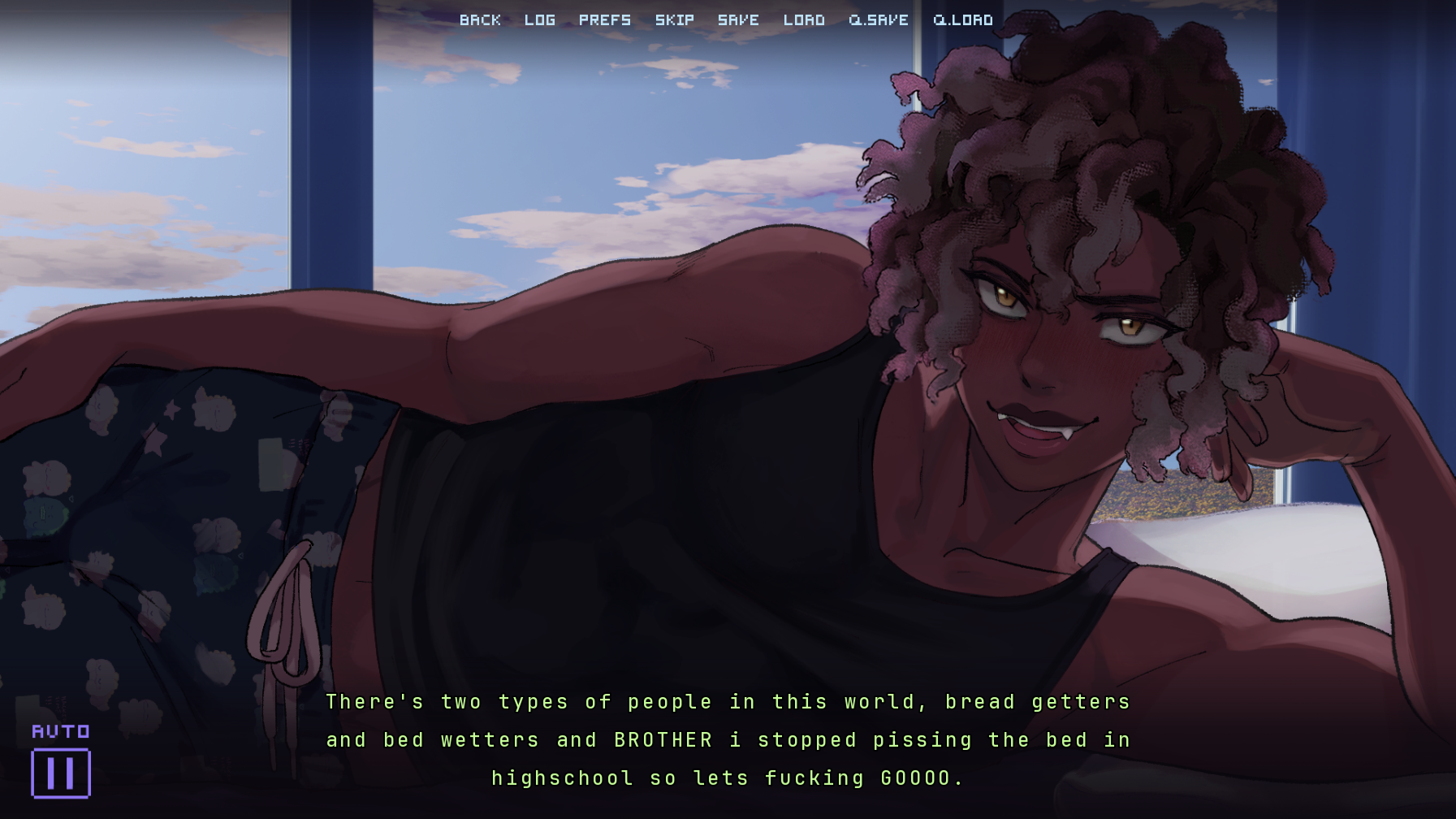 An animated character with curly hair lying on a bed, wearing a black sleeveless shirt and pajama shorts, smiling with a playful expression, and a background of a window with a blue sky and clouds.