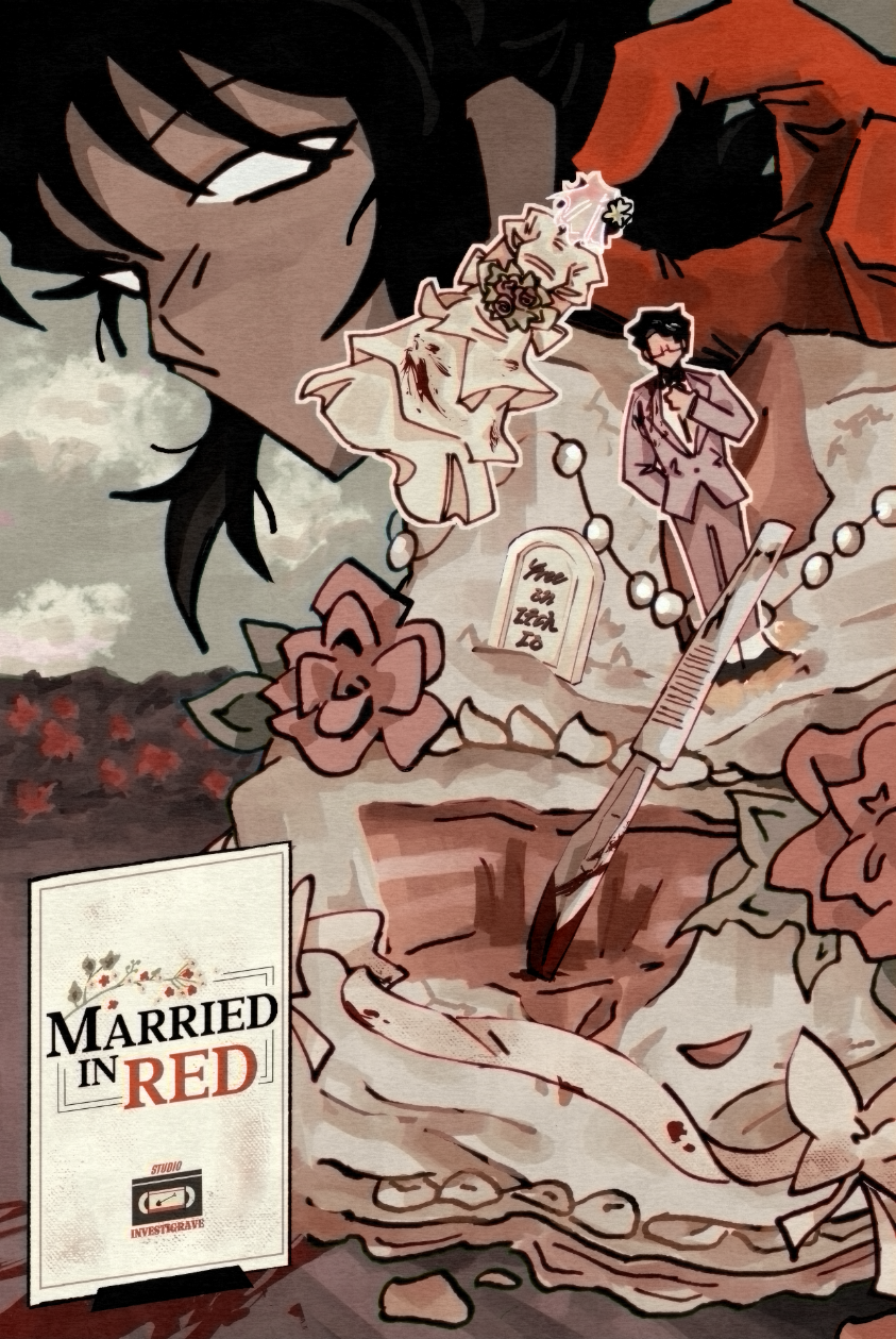 An animated illustration of a graveyard scene with cartoon characters. A woman with dark hair looks down, while a small figure in a suit stands near a gravestone. A sewing needle is stabbing into the ground, with a small snake nearby. The scene includes flowers, a tombstone, and a sign that reads "Married in Red."