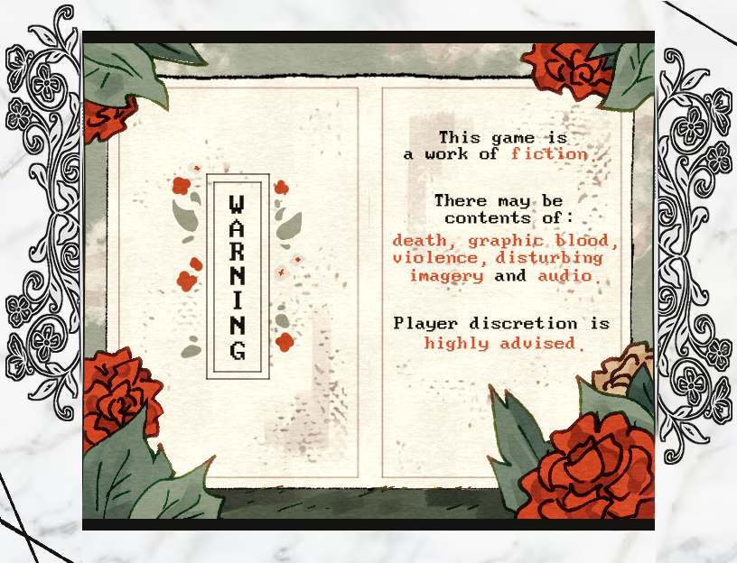 Warning message about mature content, including text about violence, graphic blood, disturbing imagery, and audio, with decorative floral borders.