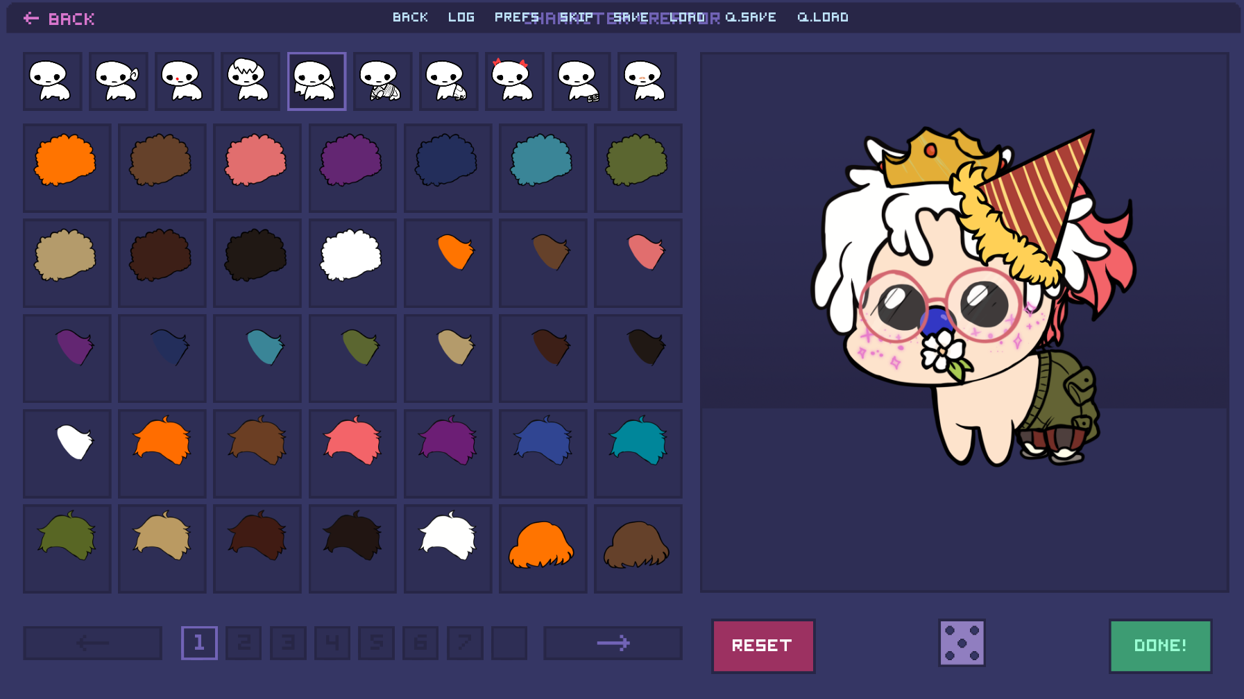 A character creation screen from a virtual avatar customization game, showing a cute cartoon character with white and pink hair, wearing glasses, a party hat, a flower in its mouth, and an outfit with military style. The screen includes various color options for different parts of the character's appearance.