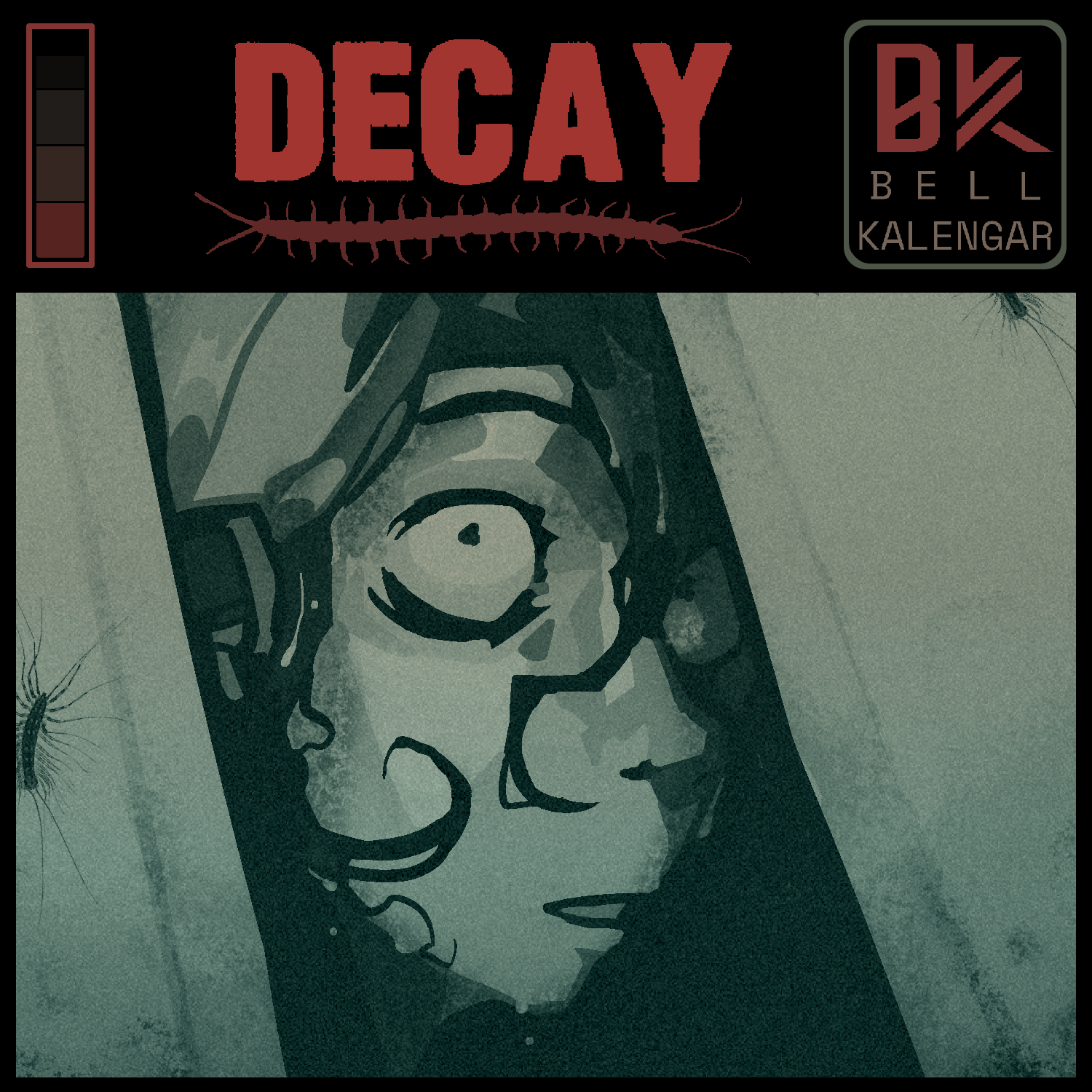Album cover art for 'Decay' by DK Bell Kalengar, featuring stylized illustration of a human face with a contemplative expression, rendered in shades of green and black, with small insects or spiders around the edges.