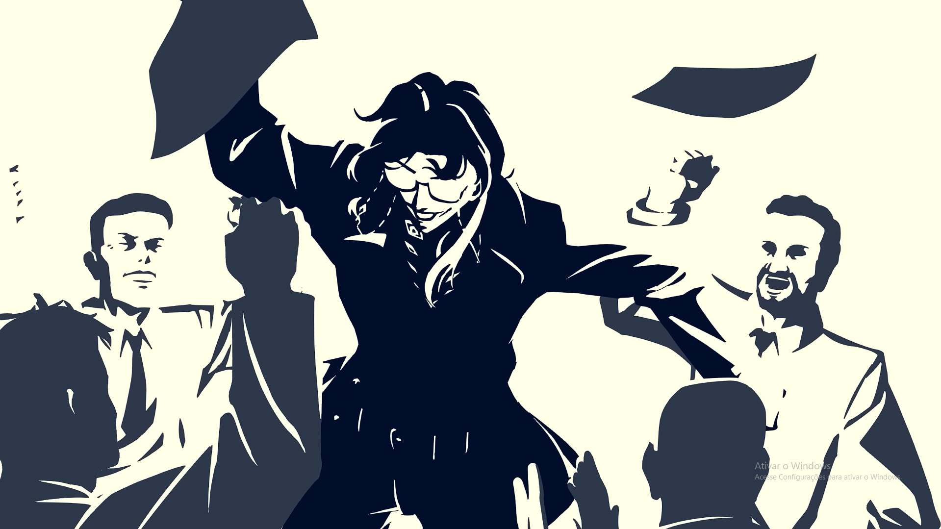 A black and white digital illustration of a woman celebrating with a group of people, holding a hat in the air and smiling. The group appears energetic and joyful.