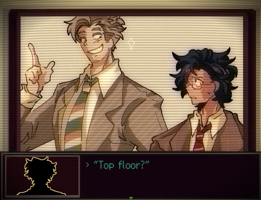 An animated scene showing two characters in school uniforms; one with glasses and messy hair looks surprised, the other smiling confidently and making a gesture with his finger. The scene appears to be from a video game or visual novel.