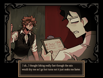 Two animated characters, one with brown messy hair and glasses, the other with dark hair, are talking. The character with glasses is holding a piece of paper, and the scene appears to be indoors with dark and red backgrounds.