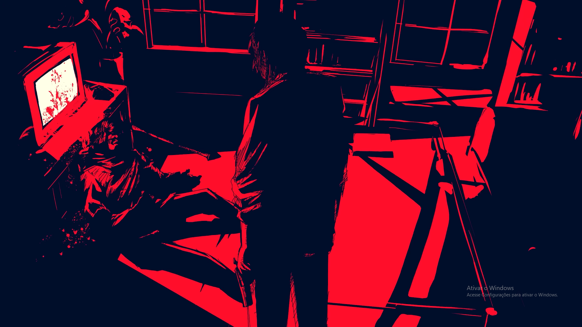 A stylized digital image with the silhouette of a person standing in front of a computer monitor, with other figures in the background, all in shades of black, red, and blue.