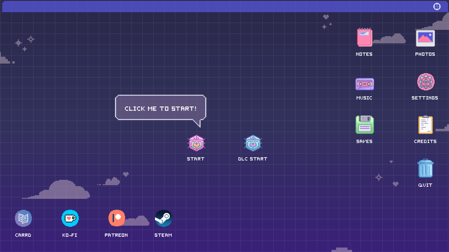 Video game main menu screen with pixel art style, featuring buttons for starting game, downloading content, and options like notes, photos, music, settings, saves, credits, and quit, set against a starry night sky background.