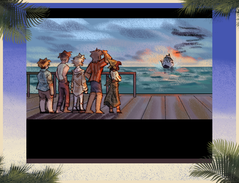 Group of seven cats with varying clothing and accessories watching a ship at sea from a pier during sunset.