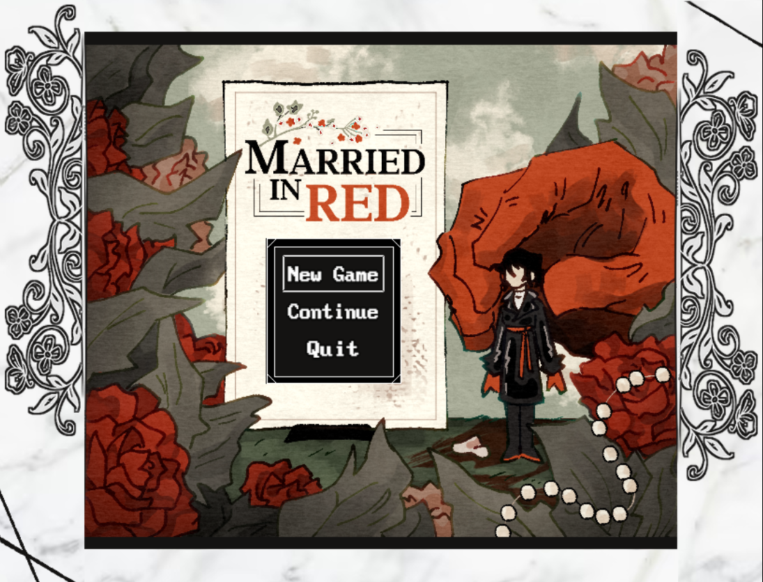 Title screen of the video game "Married in Red," featuring a woman in traditional black clothing with red accents, standing among large red roses and a rosary, with game options "New Game," "Continue," and "Quit."