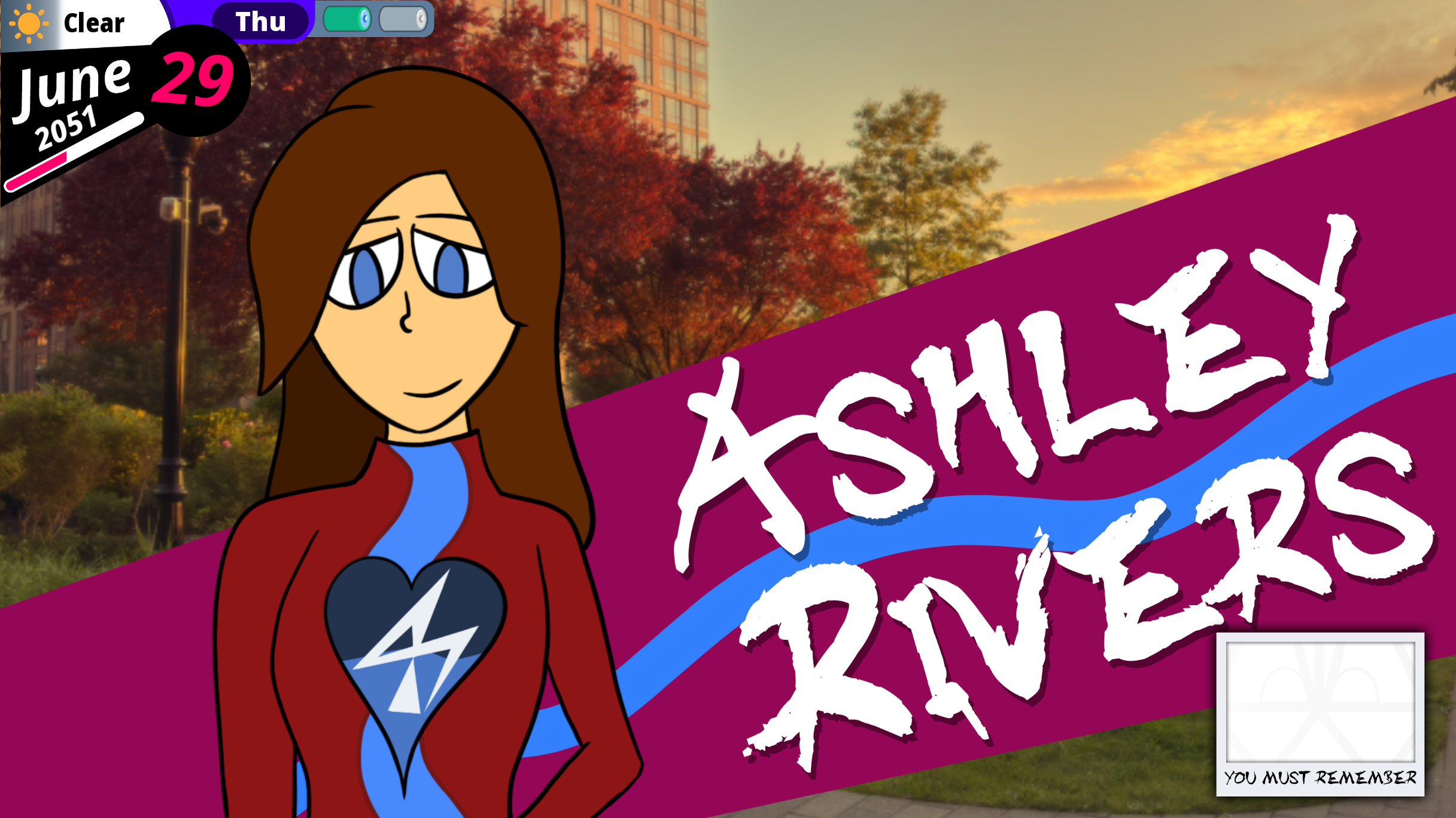 Animated cartoon girl with long brown hair, wearing a blue shirt and red jacket with a lightning bolt symbol in a heart shape on her chest, standing outdoors during sunset in a park. The background includes trees with autumn foliage and buildings. The screen shows the date June 29, 2051, and the words "Ashley Rovers" on a purple banner.