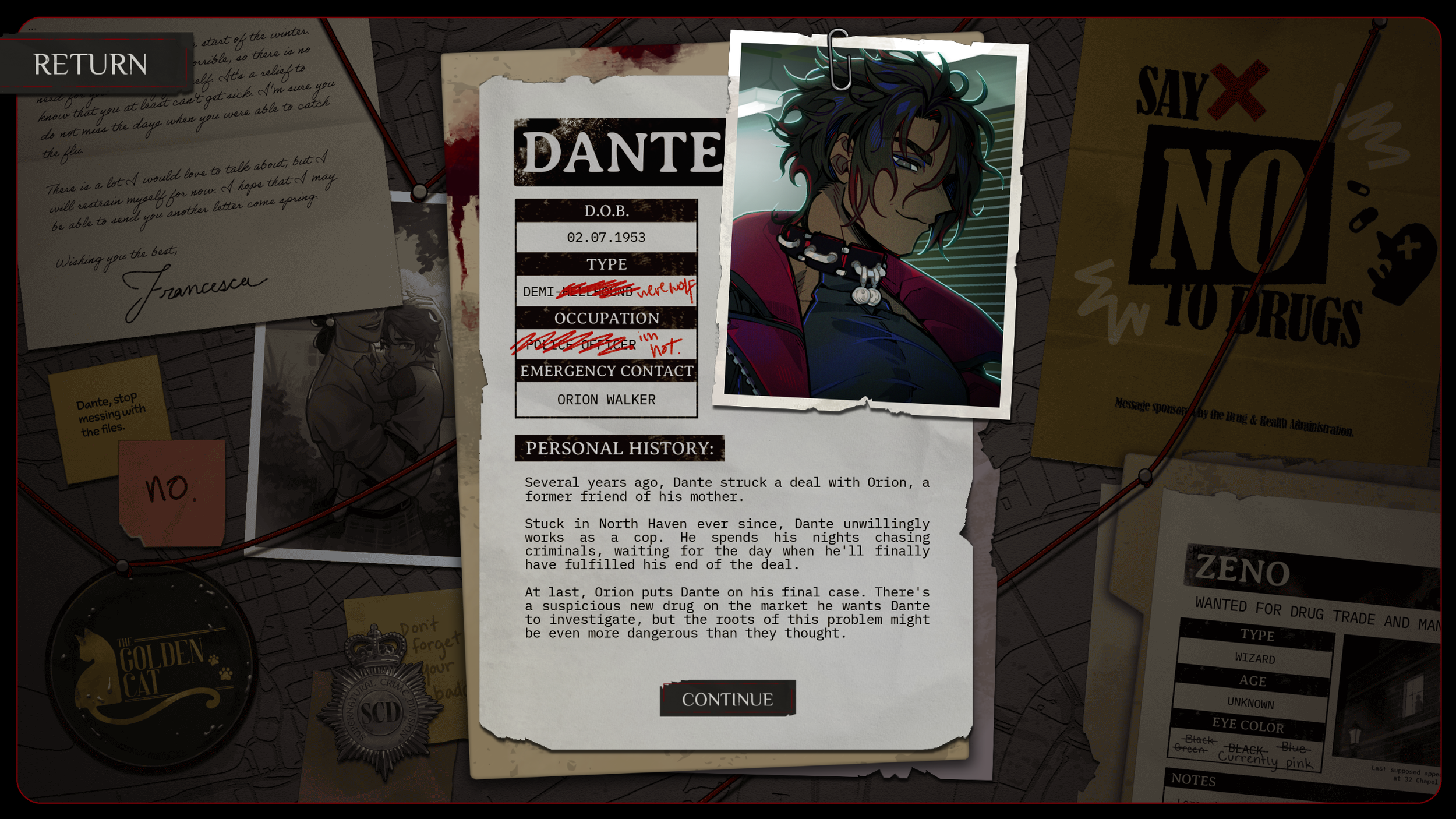An illustrated profile photo of a character with dark, messy hair, blue eyes, wearing a red jacket with a collar and a choker with a skull, attached by a paperclip to a crime investigation report about Dante. The report provides personal details, background, and story about Dante, indicating he's a former police officer and involved in a case concerning new drug investigations. The background contains scattered notes, photos, and crime-related references.