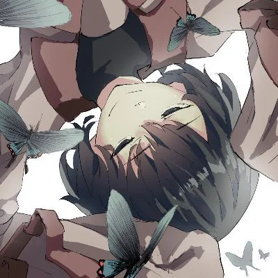 Anime-style girl lying down with surrounded butterflies.