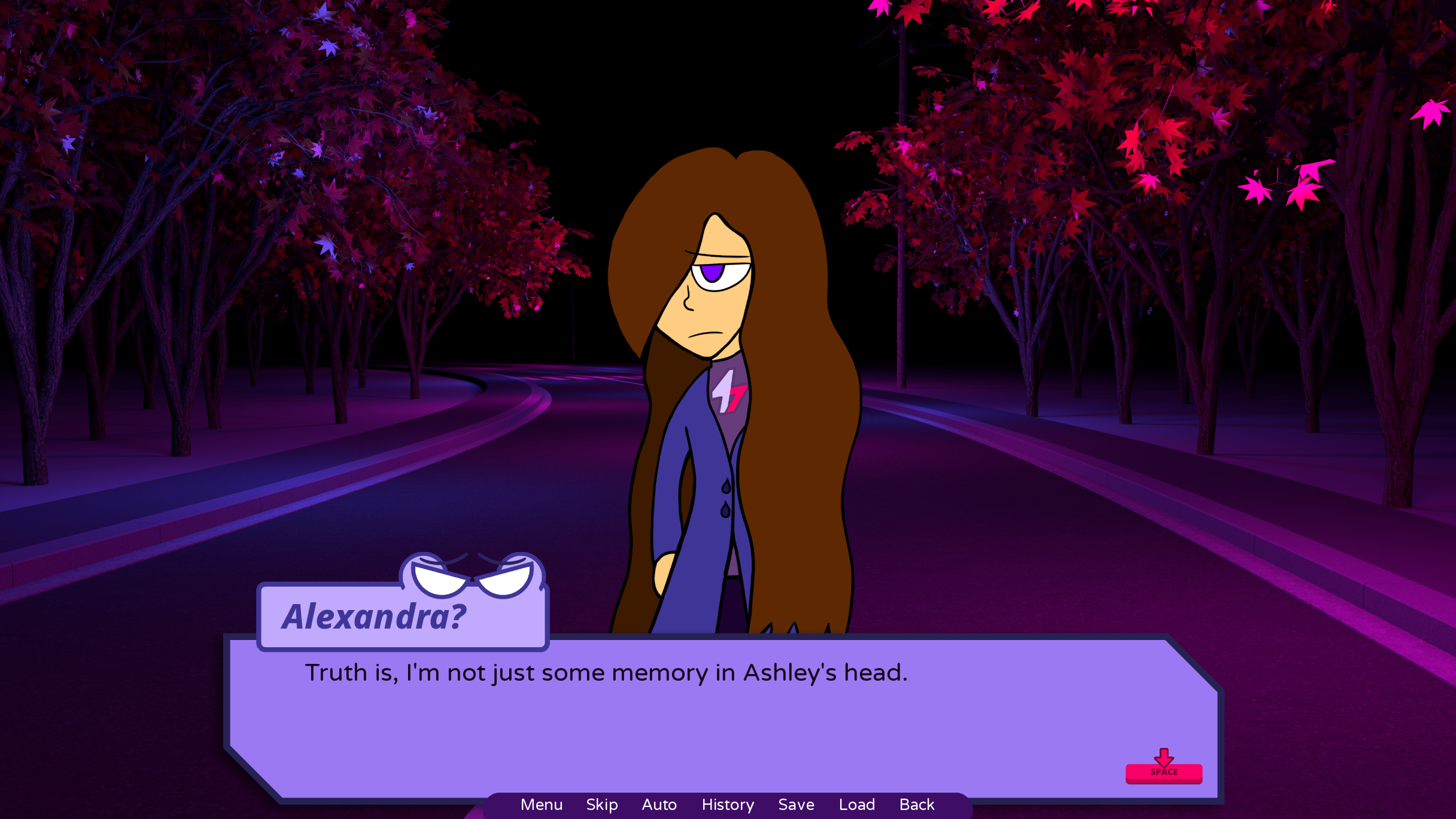 A cartoon character with long brown hair and a serious expression stands on a winding road at night, surrounded by purple and red trees. A dialogue box at the bottom reads: 'Alexandra? Truth is, I'm not just some memory in Ashley's head.' The scene has a dark, mystical atmosphere with glowing accents.