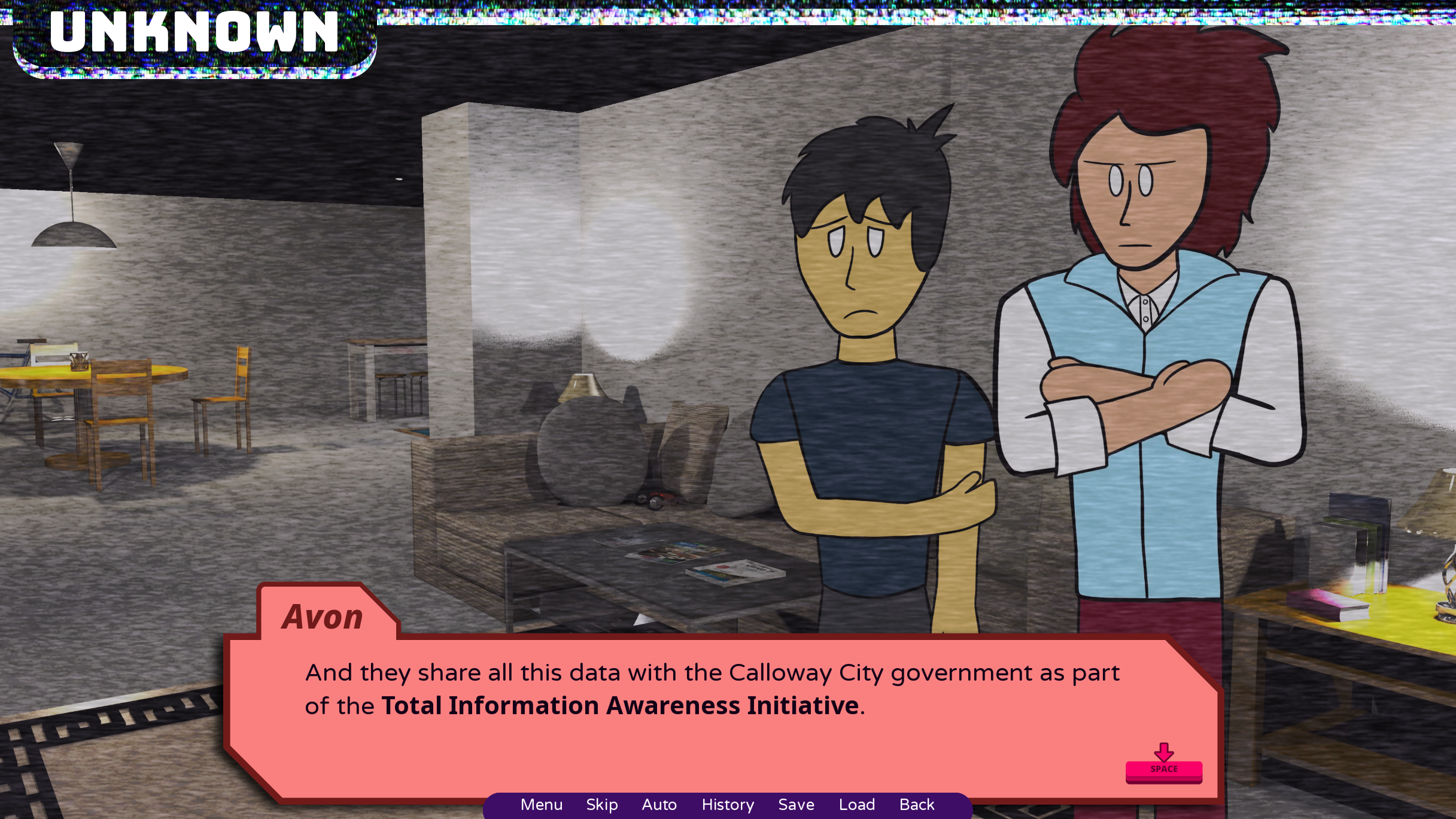 Two animated characters, a young man with black hair and a young woman with red hair, stand in a modern living room with a gray carpet, tables, and chairs. The young woman appears upset or angry, with arms crossed. A text box at the bottom contains dialogue from Avon about sharing data with Calloway City government as part of the Total Information Awareness Initiative.