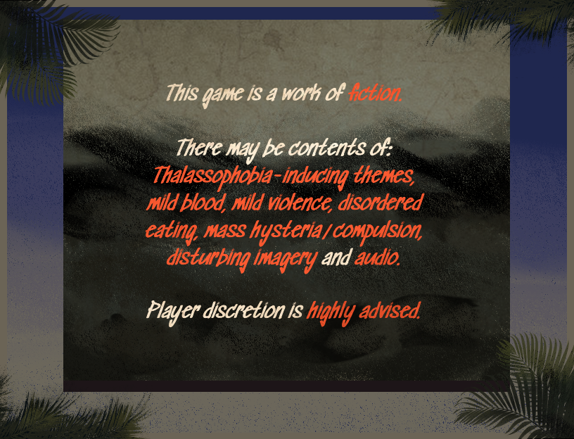 Warning screen indicating the game contains mature content such as themes of thalassophobia, mild blood, violence, disordered eating, hysteria, and disturbing imagery, with a caution that player discretion is highly advised.