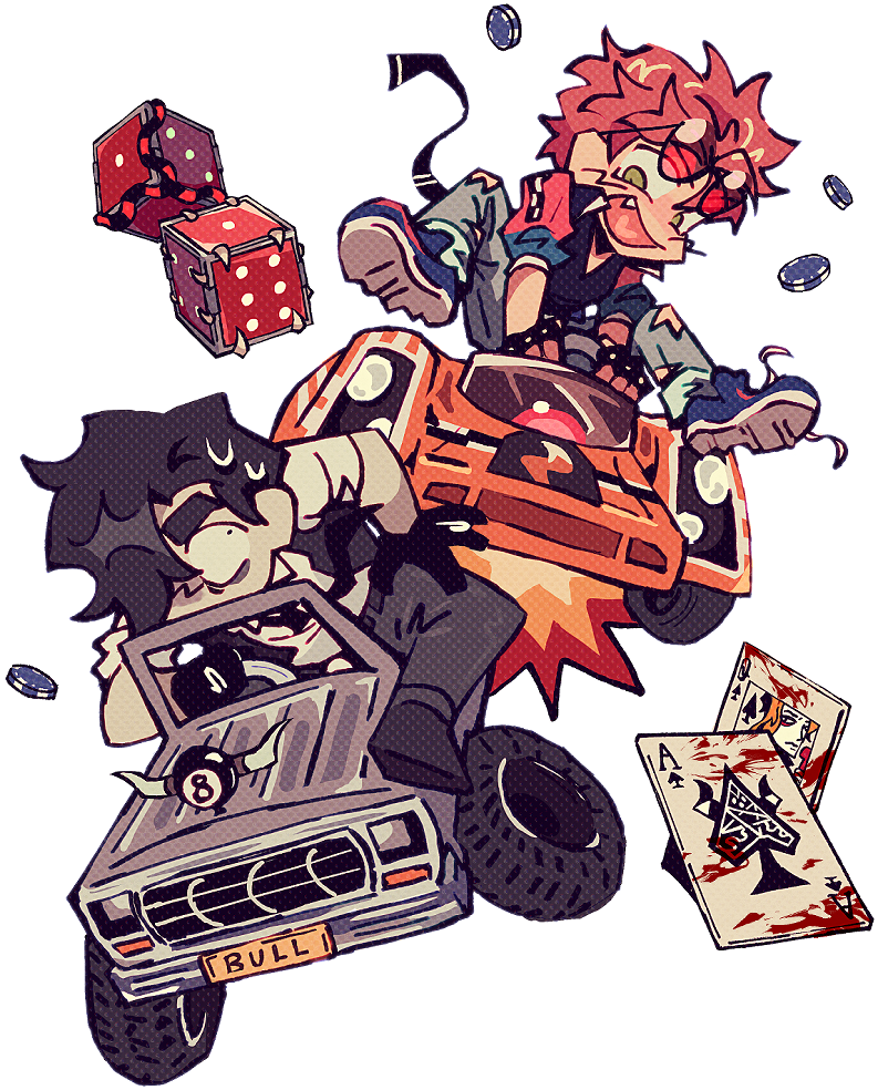 Cartoon illustration of two young boys in a high-speed chase style scene with a car and a truck, playing cards, money, and dice scattered around.