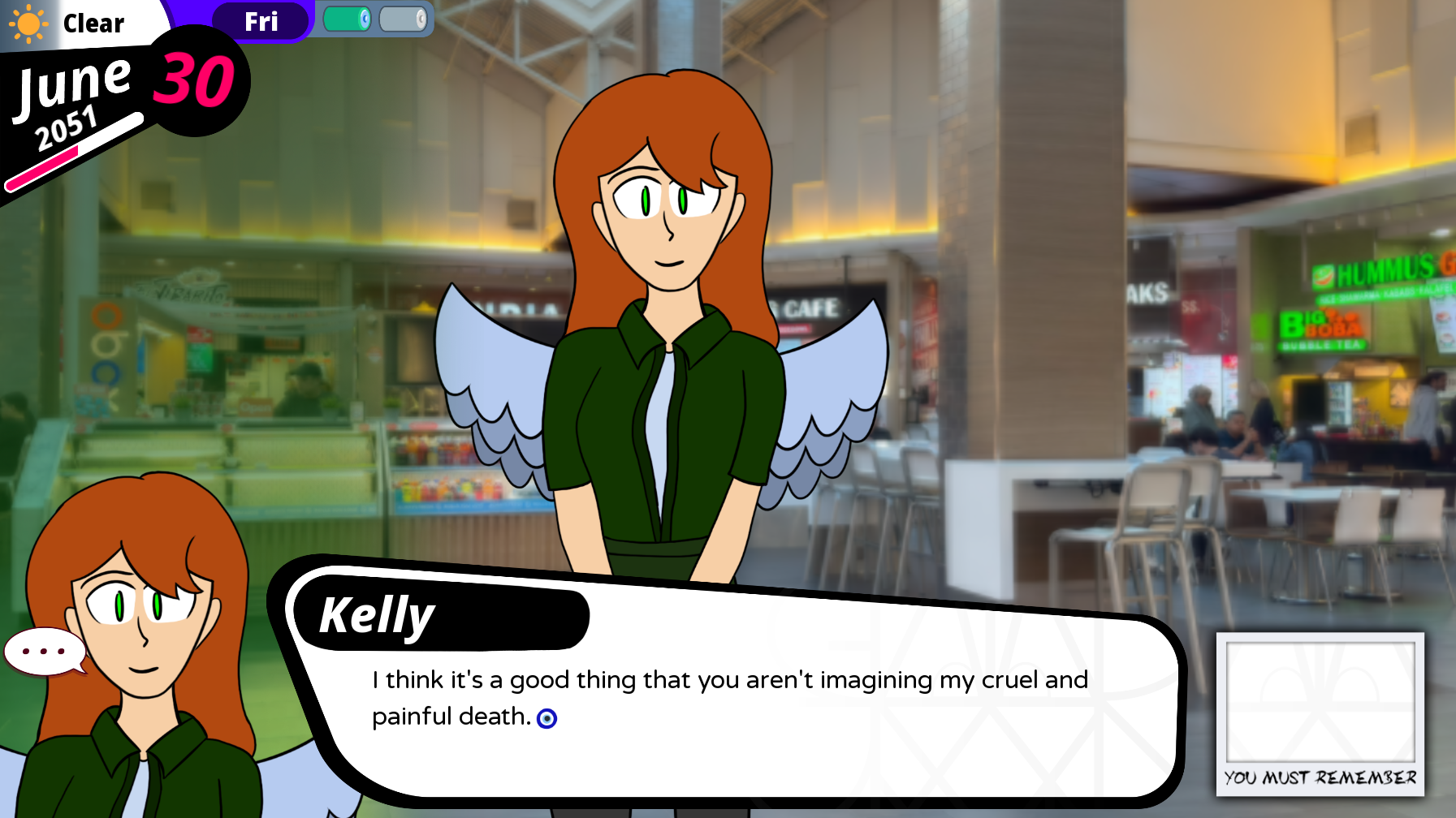 A cartoon character with brown hair, green eyes, and angel wings stands inside a shopping mall with food courts and storefronts visible in the background. The character is wearing a green jacket and has a gentle expression. A dialogue box shows her saying, 'I think it's a good thing that you aren't imagining my cruel and painful death.'