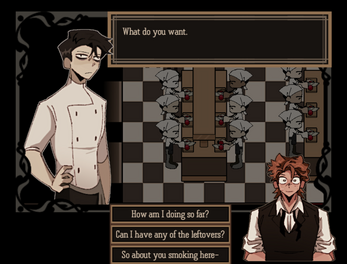 A woman with short dark hair and glasses, shirtless with a confident stance, stands next to a man with curly hair and glasses who is wearing a dark vest, in front of a chessboard with chess pieces. It appears to be a scene from a visual novel or game with dialogue options.