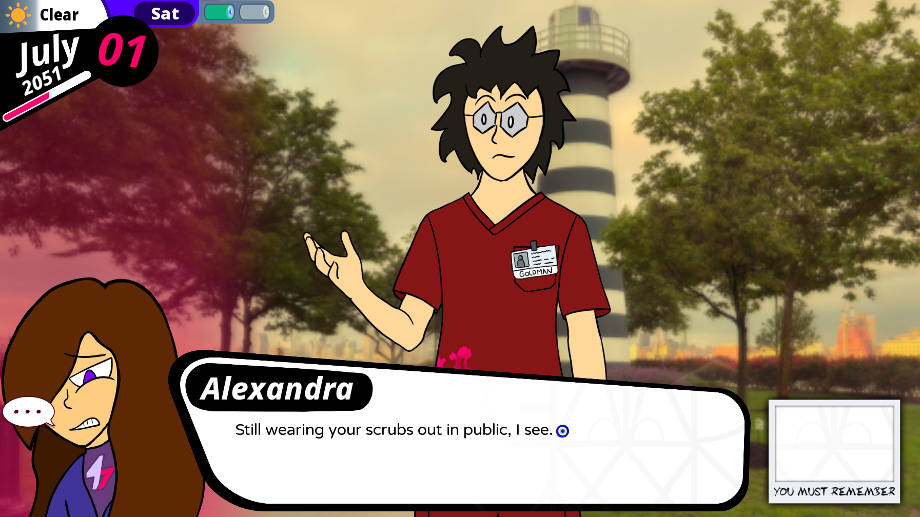 Animated scene showing two characters outdoors with a lighthouse, trees, and a city skyline in the background at sunset. One character has long brown hair and purple eyes, the other has black messy hair, glasses, and wears a red shirt with a badge labeled 'GOLDMAN'. The scene appears to be from a visual novel or game with dialogue text.