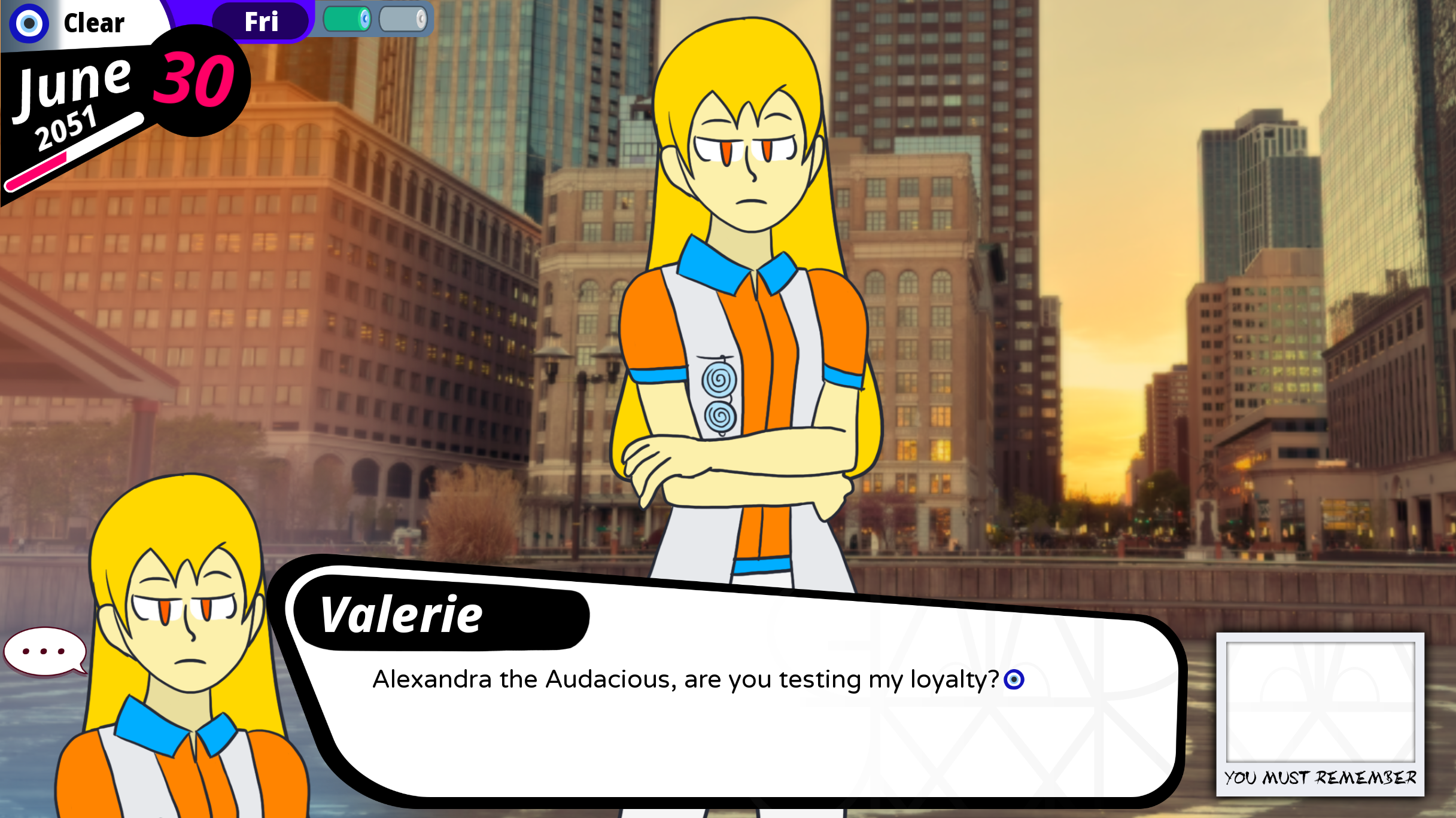 A cartoon character with long yellow hair, orange and white clothing, crossed arms, and a serious expression stands in front of a city skyline at sunset. There are game interface elements, including the date June 30, 2051, and a dialogue box where the character named Valerie says, "Alexandra the Audacious, are you testing my loyalty?"