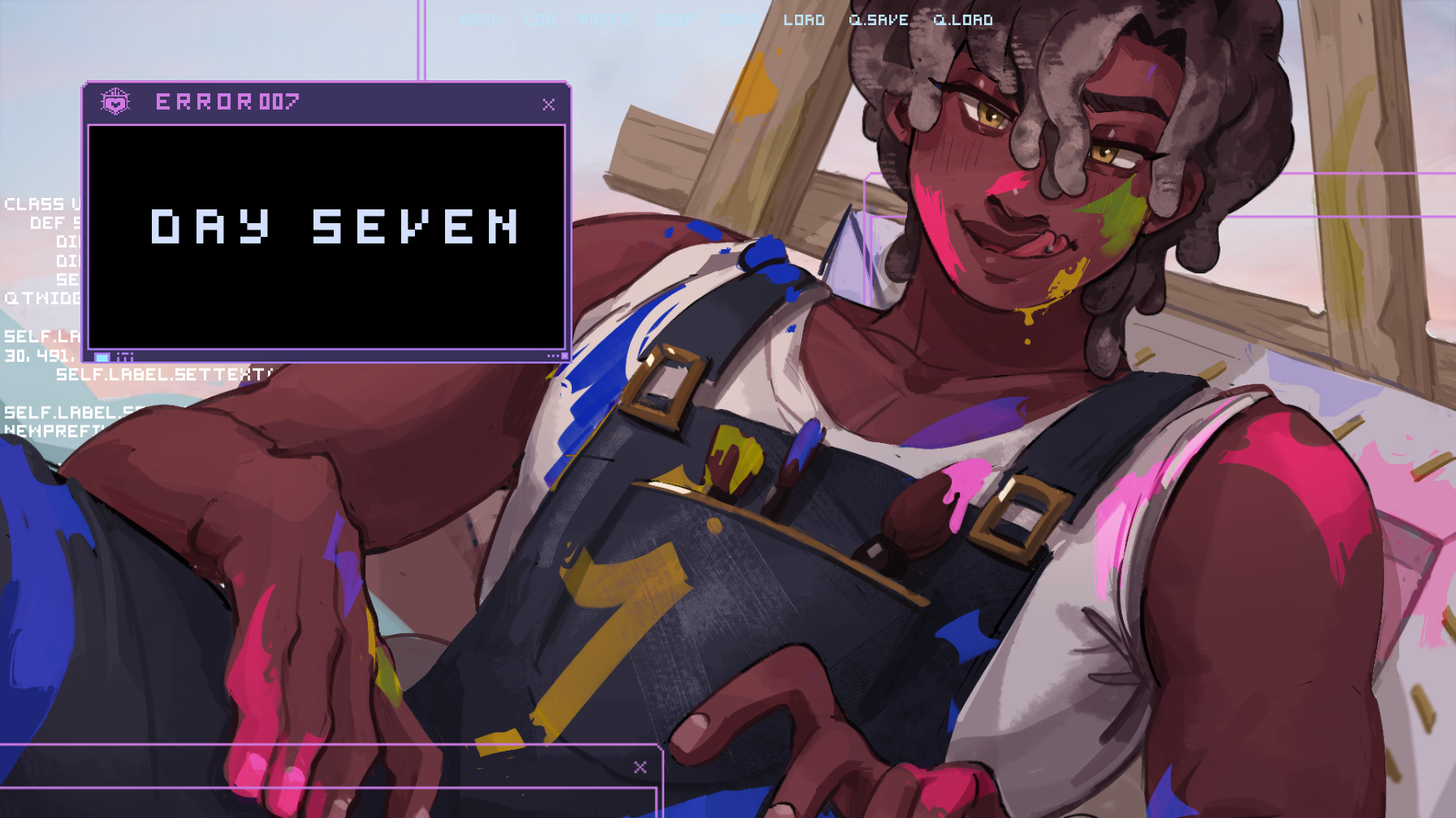 Digital illustration of a smiling person lying on a bed with a wooden headboard, colorful paint splatters on their skin and clothes, wearing overalls with a white shirt underneath, with a pixelated error message window reading 'DAY SEVEN' overlayed on the image.