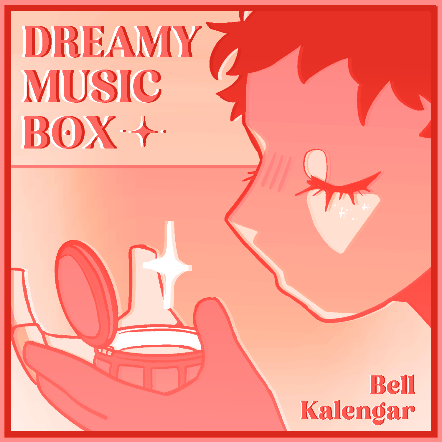 An illustration of a girl with short hair looking at an open music box with a star decoration. The background is light pink with red borders, featuring text that reads 'Dreamy Music Box' in the top left corner and 'Bell Kalengar' in the bottom right corner.