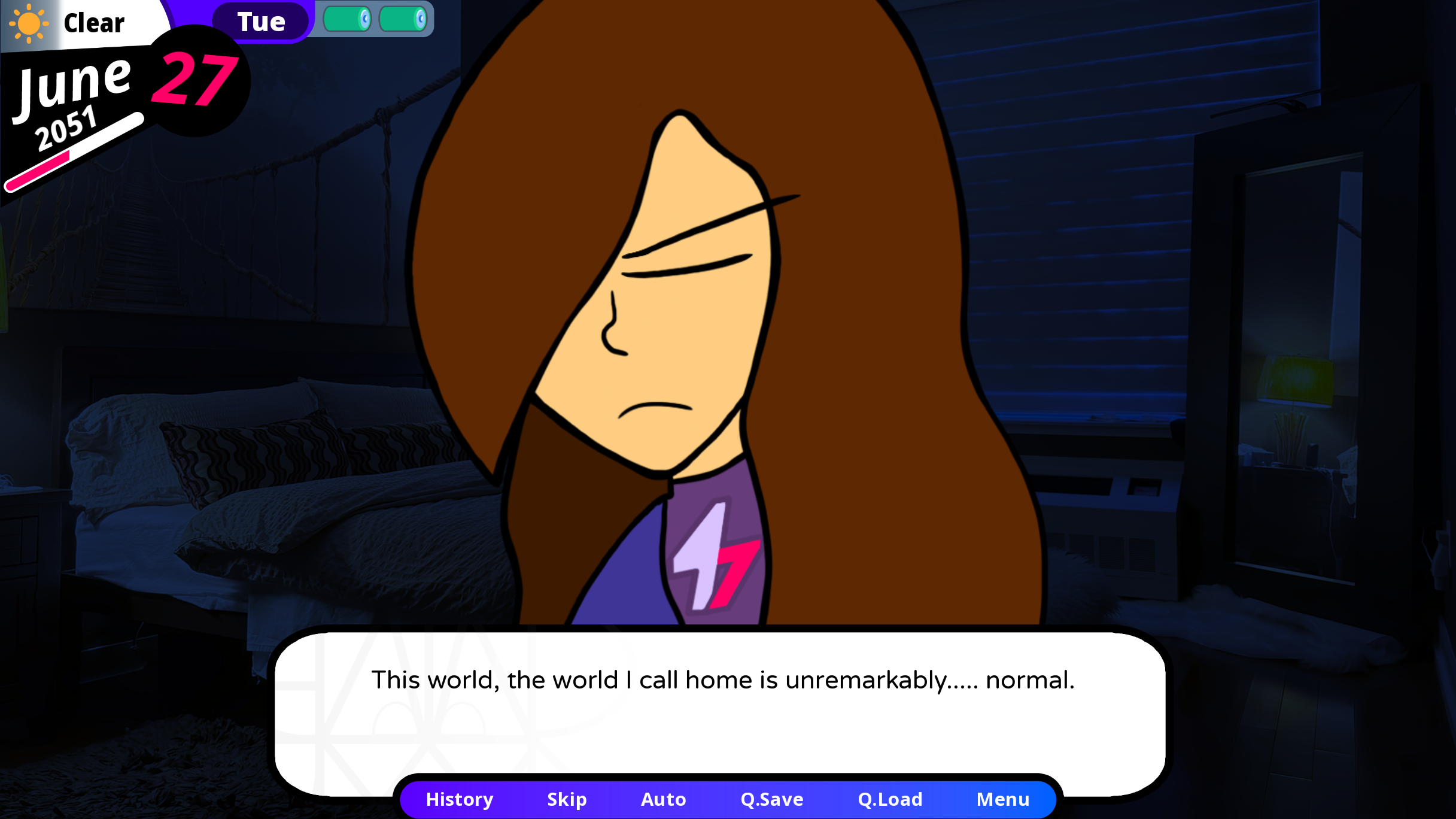 A cartoon character with long brown hair and a serious expression, wearing a purple shirt with a lightning bolt symbol, is in a dark bedroom. There is text saying, 'This world, the world I call home, is unremarkably... normal.' The game interface shows the date June 27, 2051, and various options at the bottom.