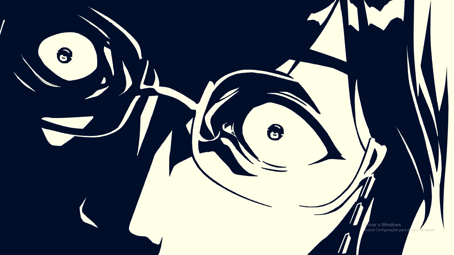 A stylized black and white illustration of a person's face focusing on wide-open eyes with a surprised or shocked expression.