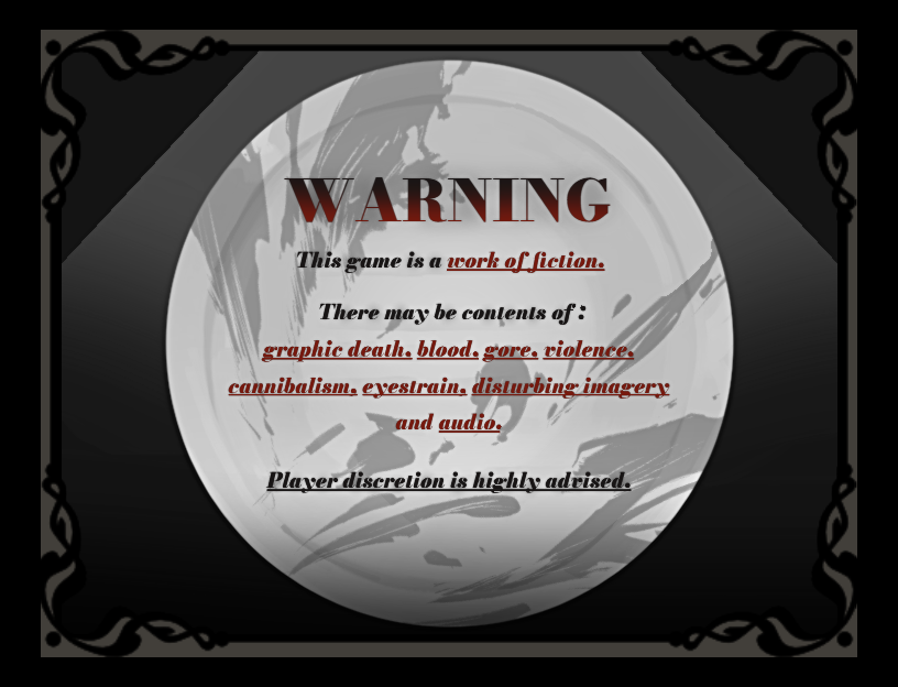 Warning screen for a game with a black ornate border, a clock face background showing a cracked clock face, and text warning about graphic content related to violence, blood, gore, and disturbing imagery.