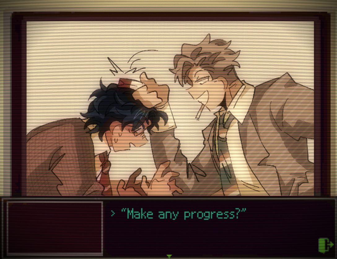 A digital illustration of two animated male characters, one with dark, messy hair and glasses looking distressed, and the other with light, spiky hair holding a cigarette and smiling, with the text "Make any progress?" underneath.