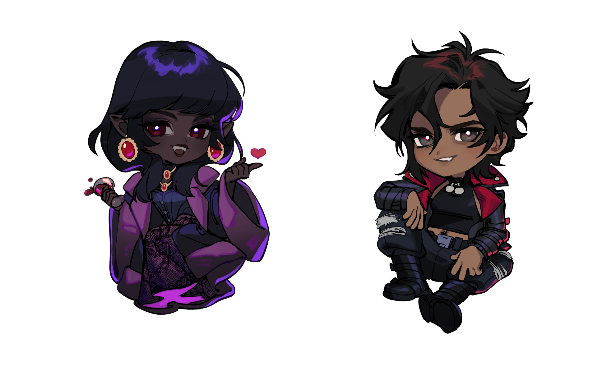 Cartoon couple with dark hair, dressed in edgy clothing, sitting and smiling while connected by a pink heart line.