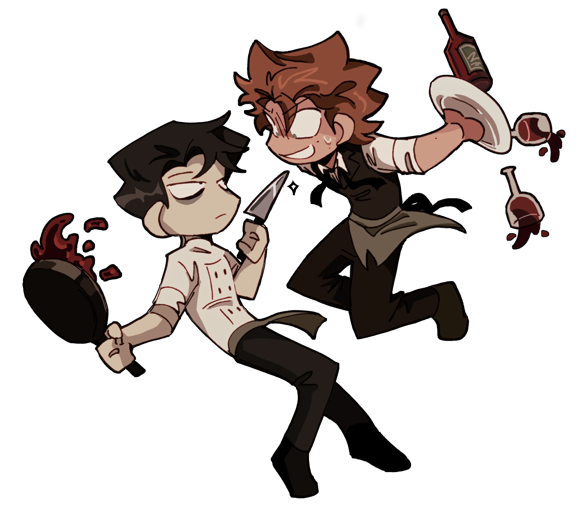 Cartoon characters of two chefs with kitchen tools and food, one holding a knife and frying pan with blood, the other serving wine and holding a plate, in a playful scene.