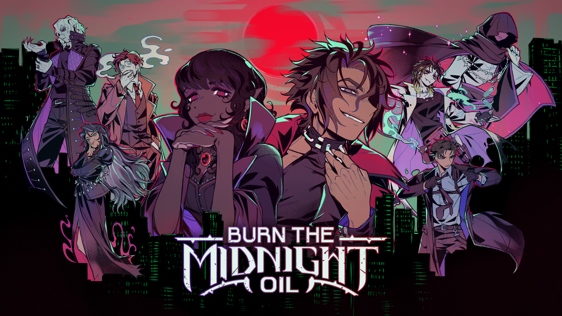Anime-style illustration of eight characters in front of a city skyline with a red sunset, featuring the title 'Burn the Midnight Oil' at the bottom.