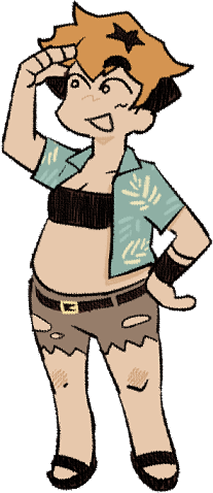 Cartoon girl with star-shaped hair accessory, winking, hand on forehead, wearing a palm leaf shirt, ripped shorts, and sandals.