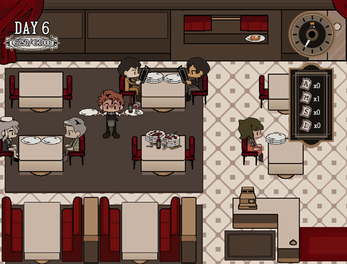 Pixel art cafe scene with five characters, tables, and chairs, some characters seated and others serving, with a shelf and magazine rack in background.