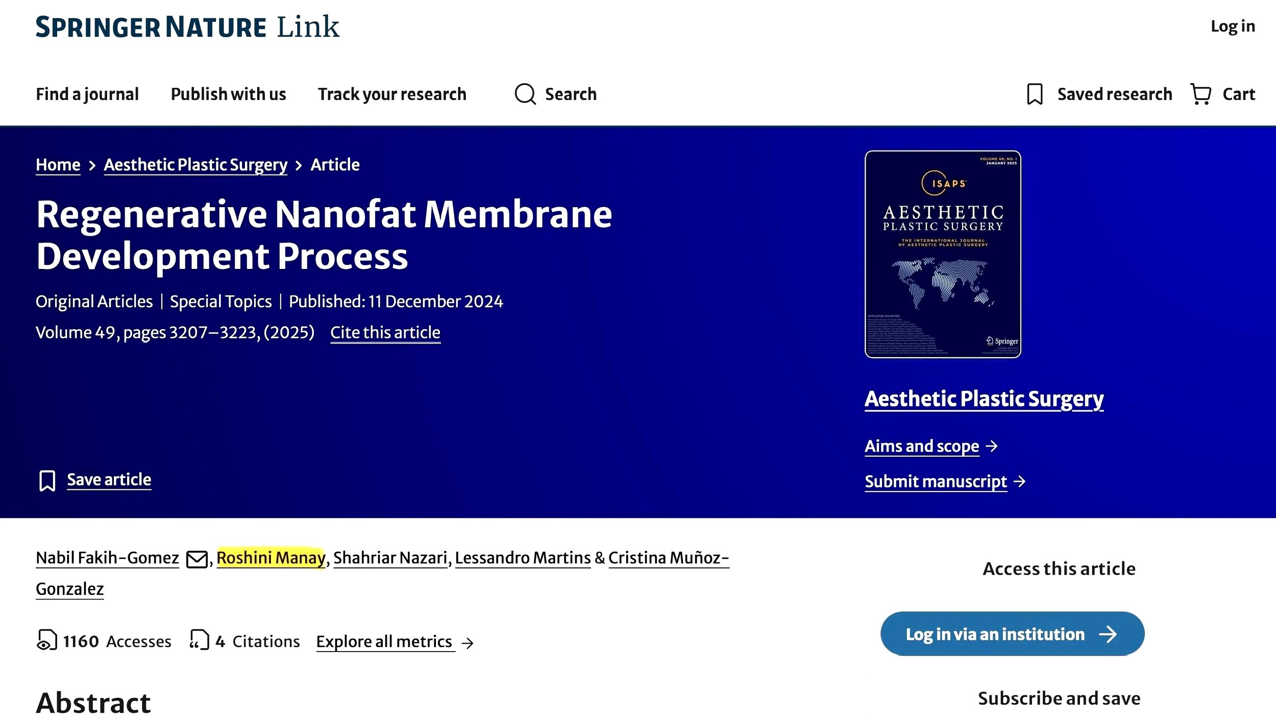 A Springer Nature research article titled "Regenerative Nanofat Membrane Development Process" from the journal Aesthetic Plastic Surgery, published on December 11, 2024. The article features the authors' names and a cover image of the journal.