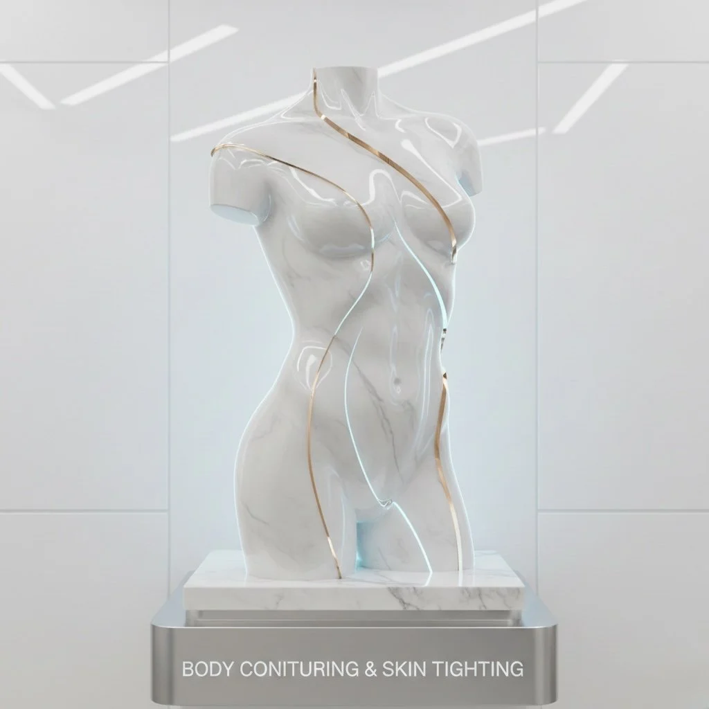 Modern sculpture of a female torso made of white marble with gold accents, displayed on a pedestal, with text 'Body Contouring & Skin Tightening' at the bottom.