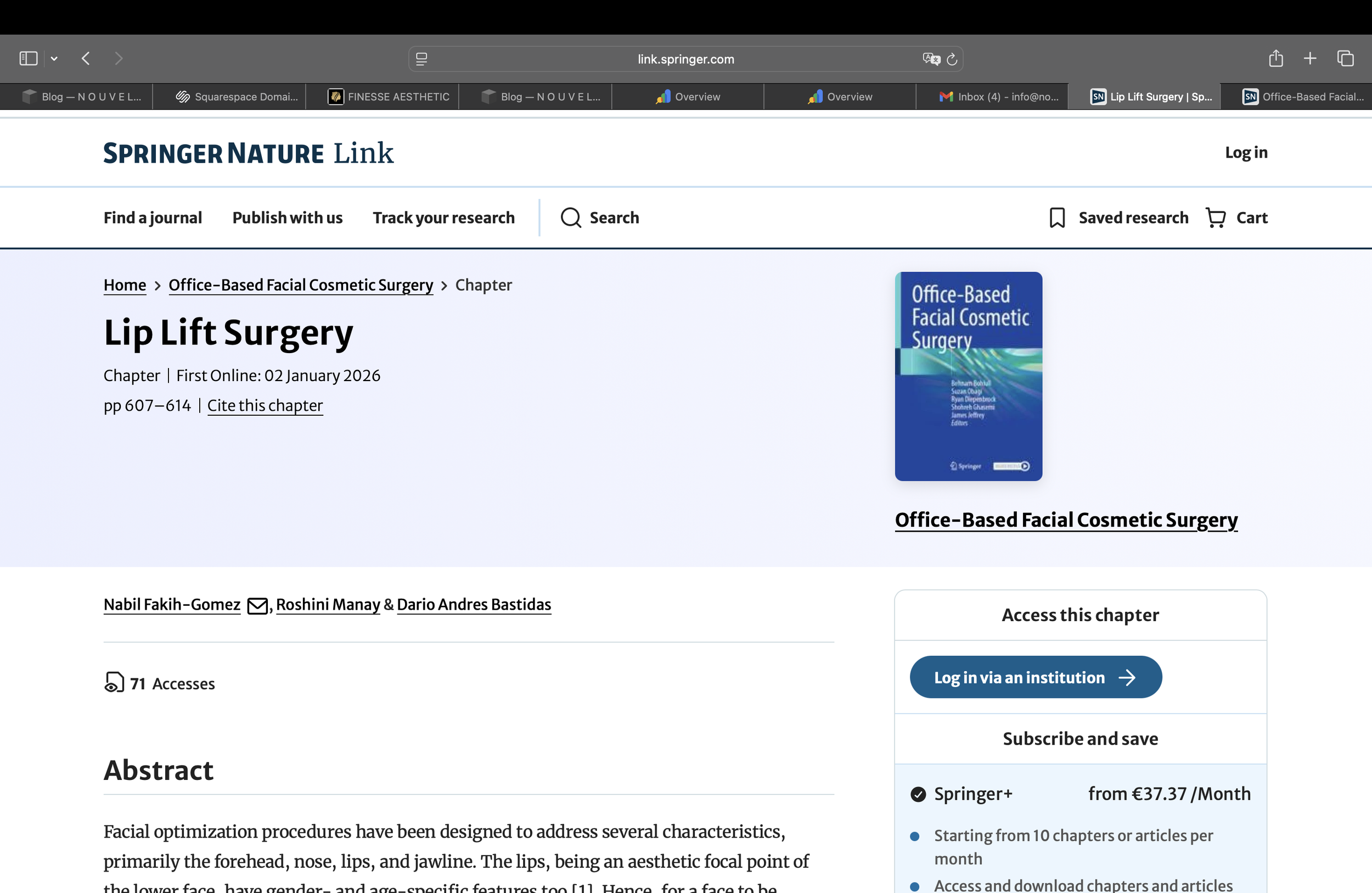 A webpage from Springer Nature Link showing a chapter titled 'Lip Lift Surgery' under the section 'Office-Based Facial Cosmetic Surgery'. The webpage provides chapter details, authors, access options, and subscription information.