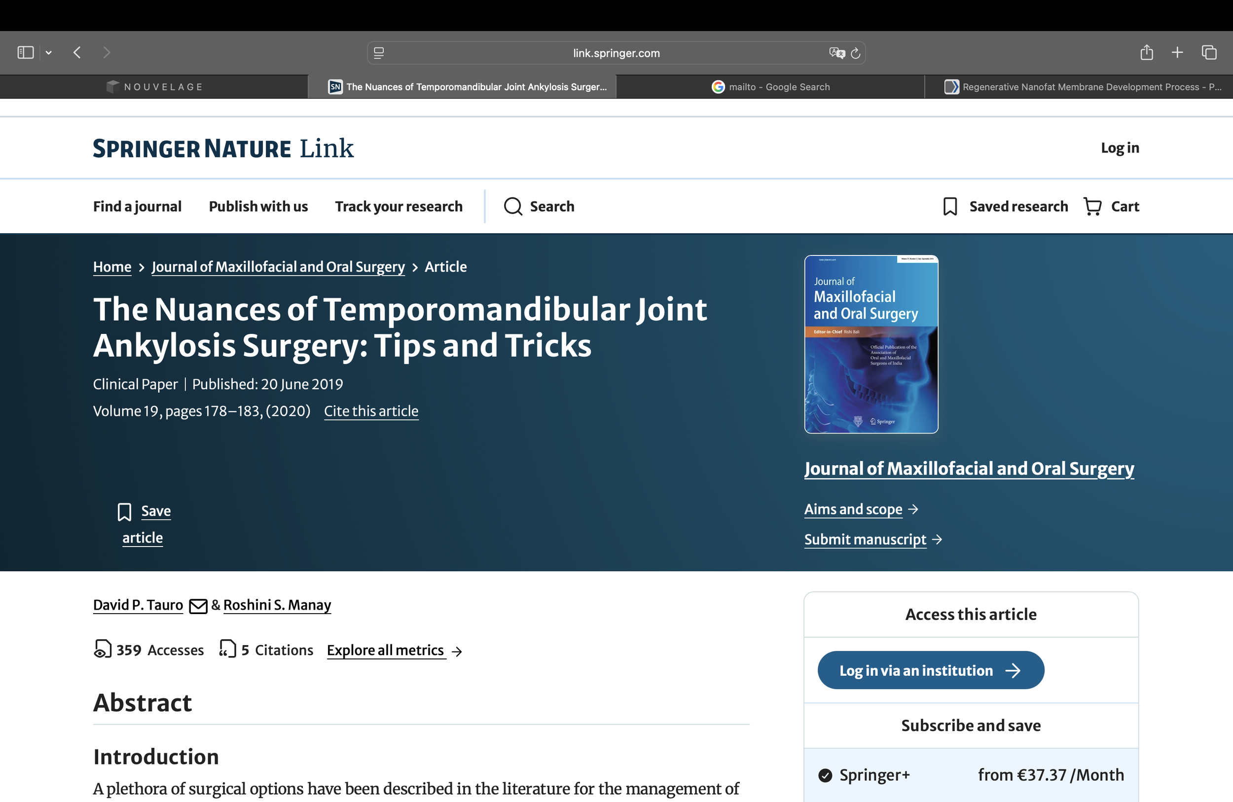 A research article titled 'The Nuances of Temporomandibular Joint Ankylosis Surgery: Tips and Tricks' from the Springer Nature journal, with publication date June 20, 2019.