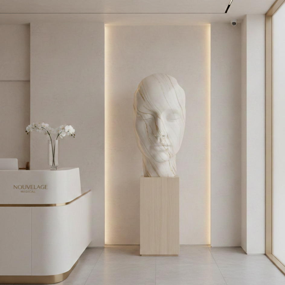 A modern, minimalist reception area with a white marble sculpture of a woman's face on a pedestal, a white desk with orchids, and a neutral color palette.