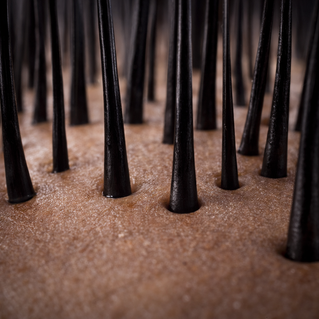 Close-up image of metal tattooing needles piercing a person's skin.