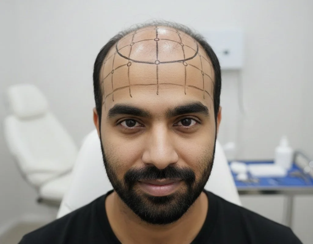 Man sitting in medical clinic with markings on his scalp indicating planned hair transplant areas.