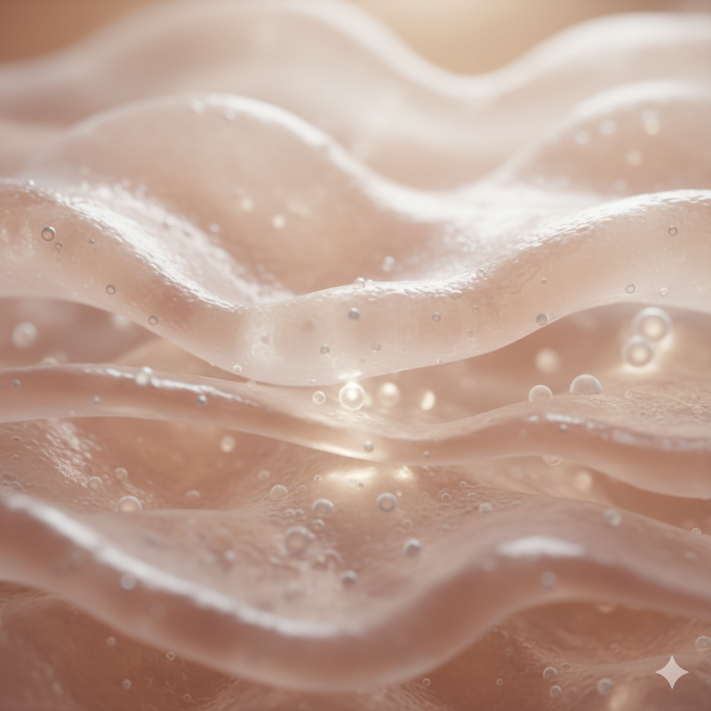 Close-up of peach-colored, wavy, semi-transparent material with small bubbles and a glossy surface.