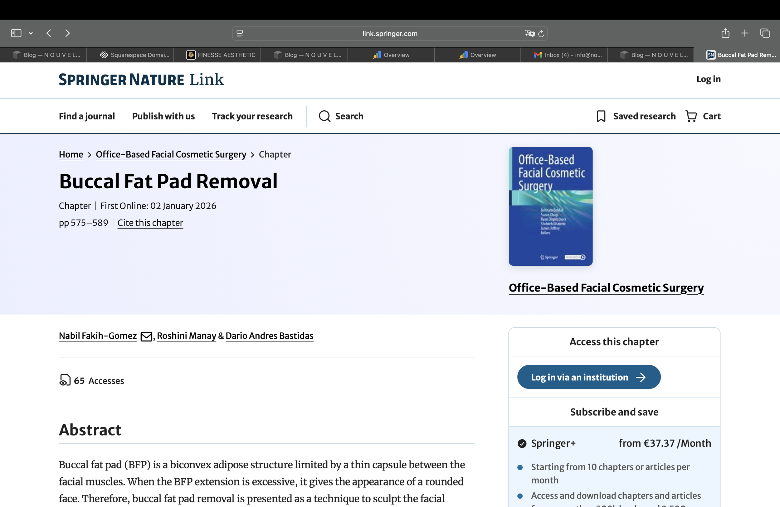 A Springer Nature research publication webpage titled 'Buccal Fat Pad Removal.' It shows the book cover on the right, publication details, authors names, access options, and information.